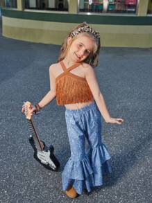 年轻女孩T恤，2025春夏新品，多层流苏设计，交叉绑带展现个性，适合夏季日常活动、外出、社交聚会 - 卡其色 - 查看 3