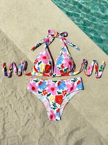 Vivid Eden Women's Neck-Tie Print Bikini Top And Bottom Bikini Set, Beach Outfit For Summer Beach Vacation - Multicolor - View 5