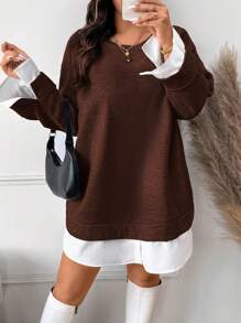 SHEIN Frenchy Plus Size Women's Round Neck Raglan Sleeve Casual Loose Grey Sweatshirt, Autumn/Winter - Brown - View 1