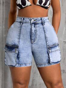 SHEIN SXY Plus Size Women Cargo Pocket Casual Denim Shorts - Blue - View 3