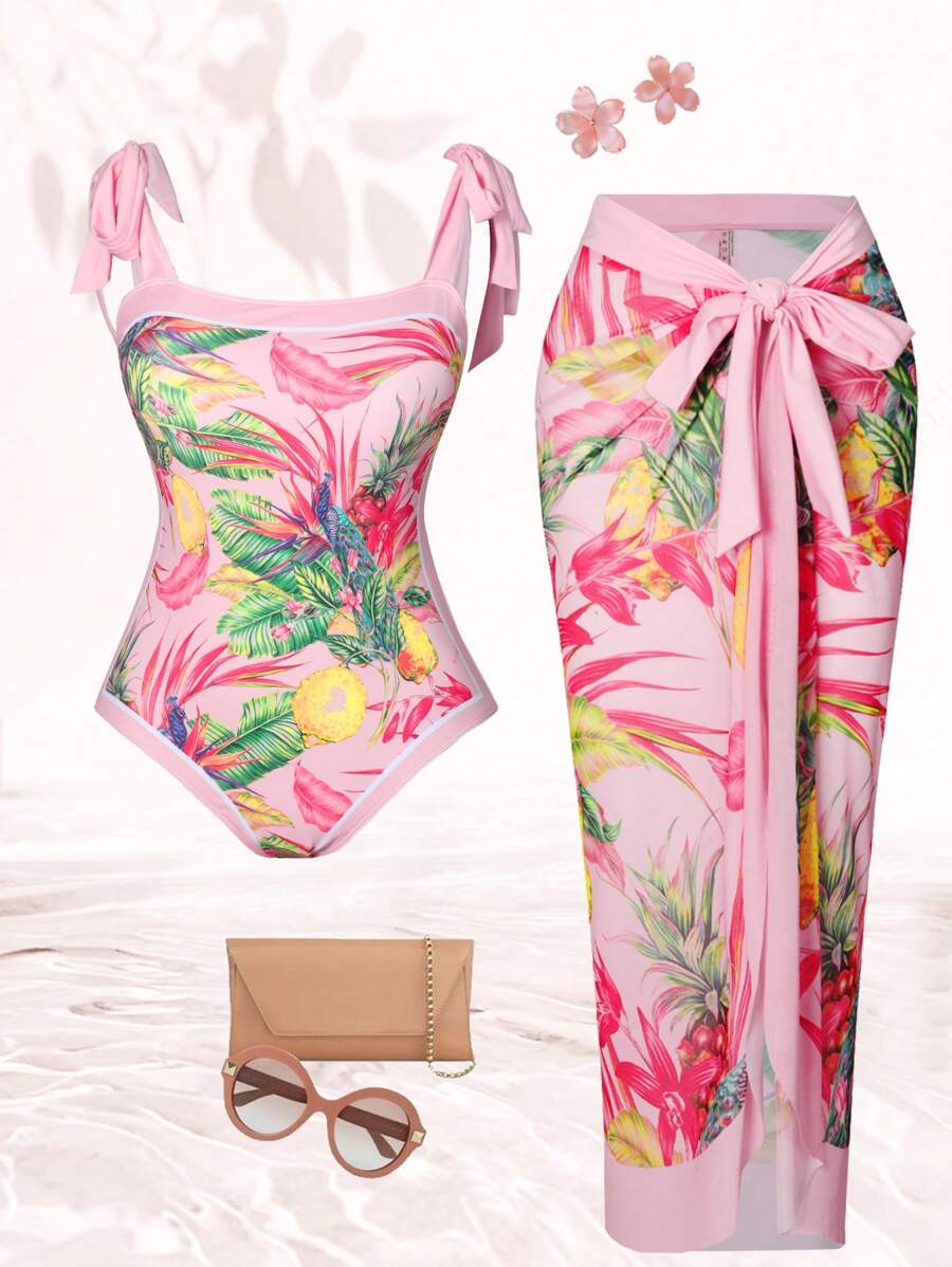 Swim Oasis Summer Beach Plus Size Tropical Printed One-Piece Swimsuit With 2pcs Cover Up Set