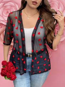 SHEIN LUNE Chaqueta corta transparente con corazón estampado para mujer de talla grande, Día de San Valentín, Amor/Amante, Corazón, Primavera, Verano, Día de San Valentín, Regalos de San Valentín, Atuendo de San Valentín