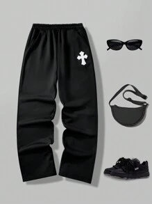 SHEIN Teens/Youth Boys' Casual Loose Knit Sweatpants With Cross-Stitched Embroidery - Black - View 1