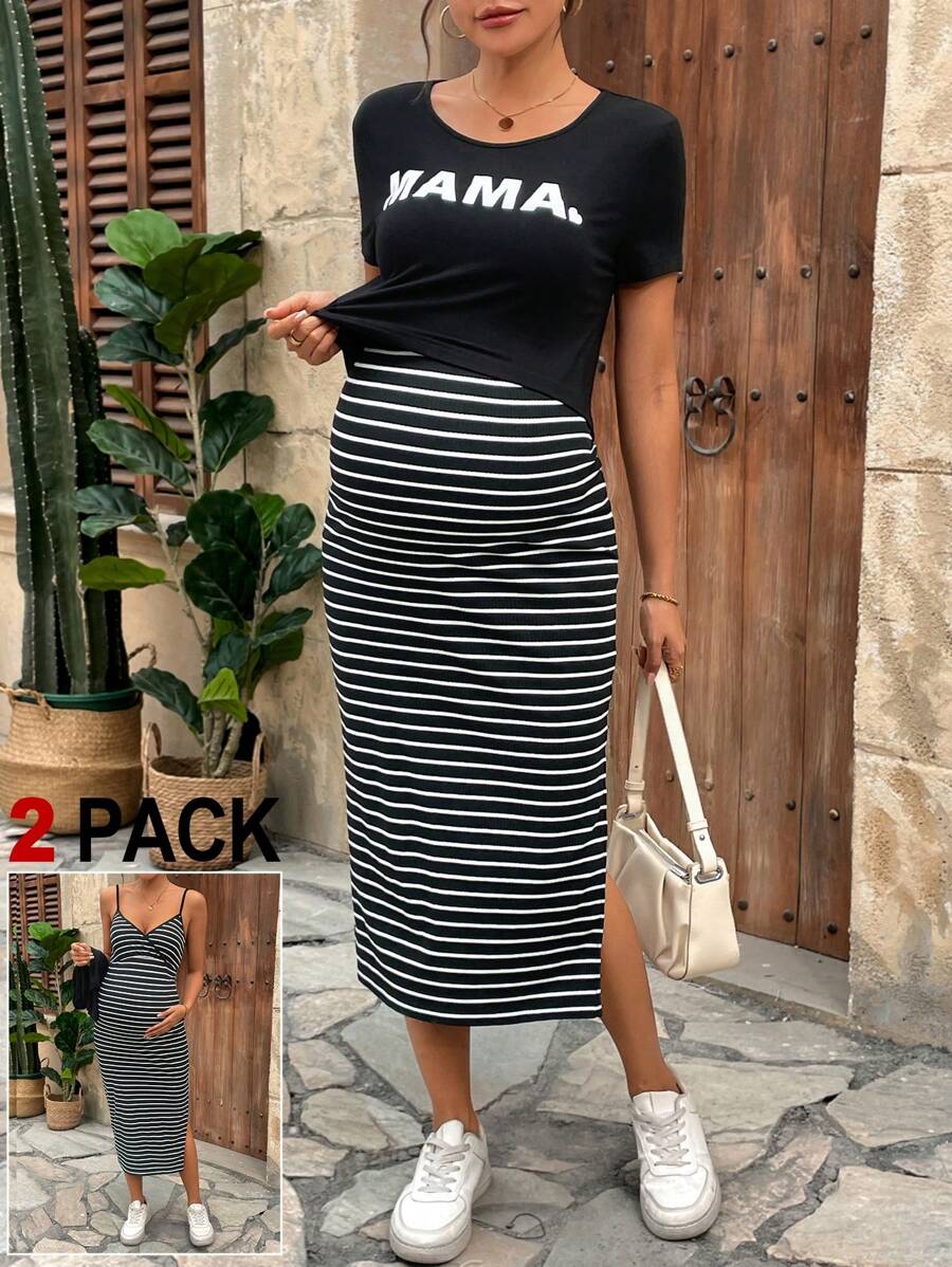 SHEIN Summer Casual 2pcs Nursing Outfit Set: Solid Color Short Sleeve Round Neck T-Shirt And Striped Printed Dress For Pregnant Women - Black and White - View 1
