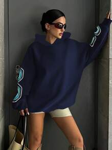 INAWLY Women's Letter Print Drop Shoulder Long Sleeve Hooded Casual Sweatshirt, Autumn/Winter - Royal Blue - View 2