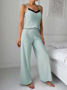 EURMUSE 2Pcs Cotton Lace Trim Cami Top With Lace Detail Homewear Set - Mint Green - View 3
