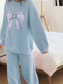 DAZY 冬季半羊毛针织蝴蝶结装饰宽松睡衣套装 - 淺藍色 - 查看 4