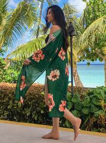 DAZY Women Oversized Allover Floral Print Longline Beach Cover-Up Kimono, Holidaya Flower Vacation, Spring/Summer - Dark Green - View 5
