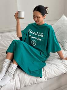 DAZY 字母印花短袖宽松女式休闲睡衣连衣裙 - 綠色 - 查看 5