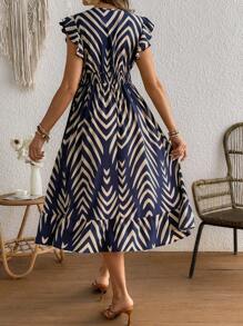 SHEIN 女式V领条纹印花休闲度假连衣裙孕妇装 - 藏蓝色 - 查看 2