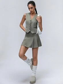 Aveloria Young Casual Button Front Vest And Pleated Skirt 2pcs Set, Academic Style For Back To School Season, Spring