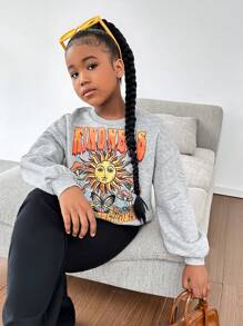 SHEIN Tween Girl Fashion Urban Style Round Neck Long Sleeve Pullover Top And Flared Leg Knit Pants Set - Light Grey - View 3