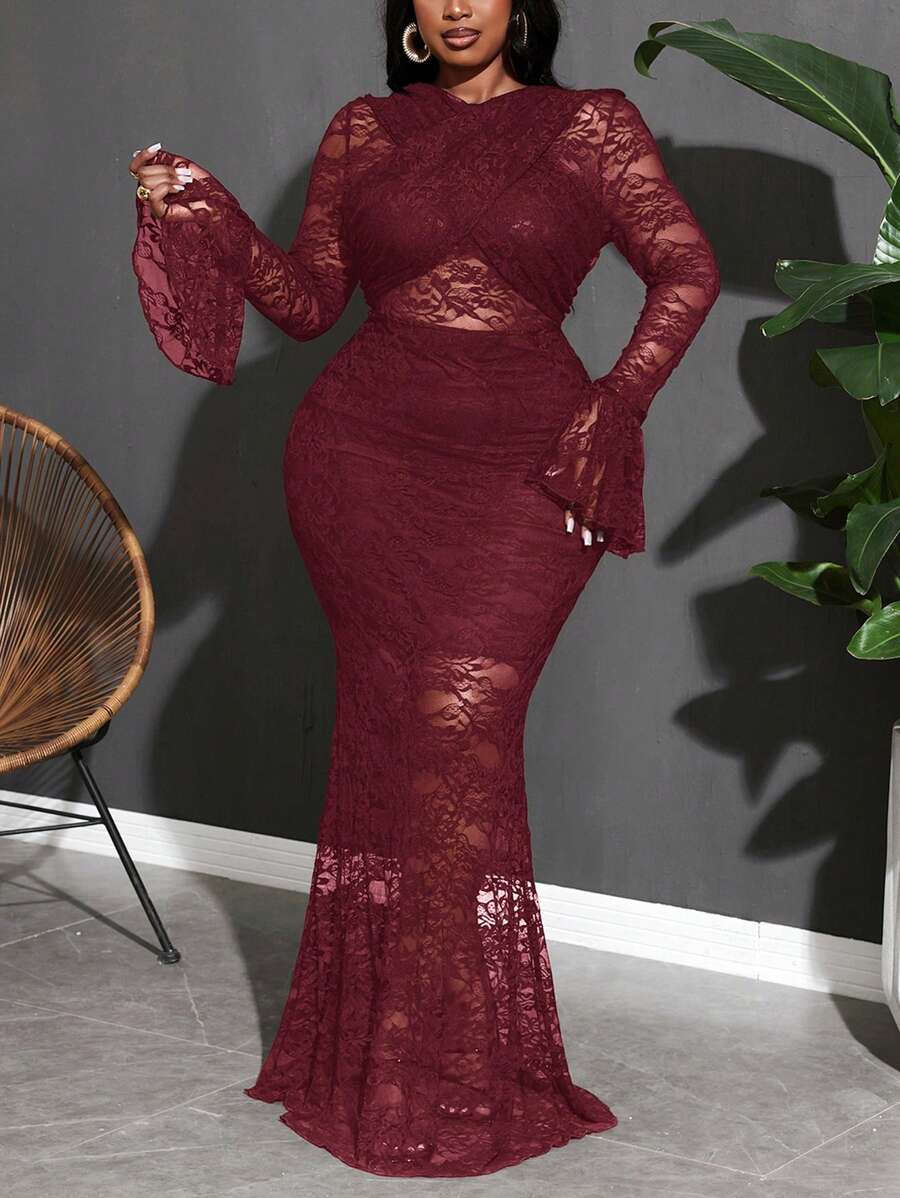 Slaydiva Damska sukienka koronkowa w jednolitym kolorze, elegancka, przezroczysta - Burgund - Zobacz 1