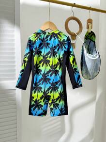 SHEIN Young Boy Long Sleeve Tropical Palm Tree Print Swimsuit With Sun Hat, Beachwear For Boys, Suitable For Summer Vacation, Beach, Swimming - Multicolor - View 2