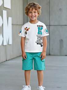 SHEIN Explorewe 2 pezzi Set di magliette a girocollo con stampa di lettere graffiti casual e pantaloncini verdi menta intessuti, stile sportivo da basket, per ragazzi per la festa dell'Eid Mubarak