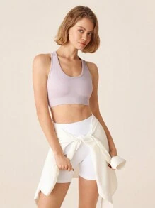 SHEIN Sovereign Charm Sujetador deportivo de espalda nadadora de unicolor para mujer, para actividad física diaria - Púrpura malva - Ver 5