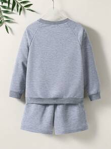 2 件套年轻女孩休闲可爱蝴蝶结猫印花圆领长袖运动衫和短裤套装，百搭，春夏 - 灰色 - 查看 2