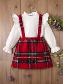 2pcs Young Girl  Solid Color Ruffle Trim Casual Shirt And Woven Bib Overall Dress Red Plaid Christmas Suit,Suitable For Christmas And Everyday Wear - Multicolor - View 1