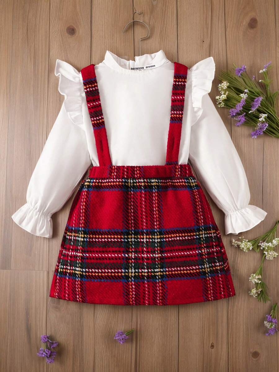 2pcs Young Girl Solid Color Ruffle Trim Casual Shirt And Woven Bib Overall Dress Red Plaid Christmas Suit,Suitable For Christmas And Everyday Wear - Multicolor - View 1