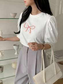 DAZY Spring/Summer New Bow Knot Printed Puff Sleeve Women T-Shirt, Stylish Cute Tops