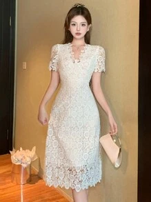 DAZY 女士纯色荷叶边短袖休闲修身连衣裙舞会礼服优雅太阳裙、婚礼礼服、返校服