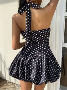 SHEIN EZwear Valentine Day Women's Halter Backless Polka Dot Print Allover Print Casual Mini Dress - Black - View 4