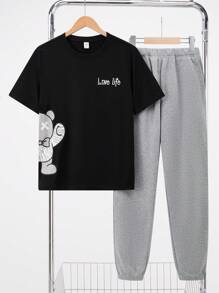 SHEIN Leap Crew 2pcs/Set Casual Cute Bear Print Knitted Tee And Pants Set, High Cost Performance, Teen Boys - Multicolor - View 1