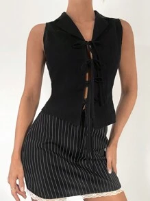 SHEIN Essnce Camicetta casual da donna con laccio frontale, senza maniche, in colore nero tinta unita, senza maniche, casual, adatta a vacanze, feste di Capodanno, Natale e stile Y2K - nero - Visualizzare 3
