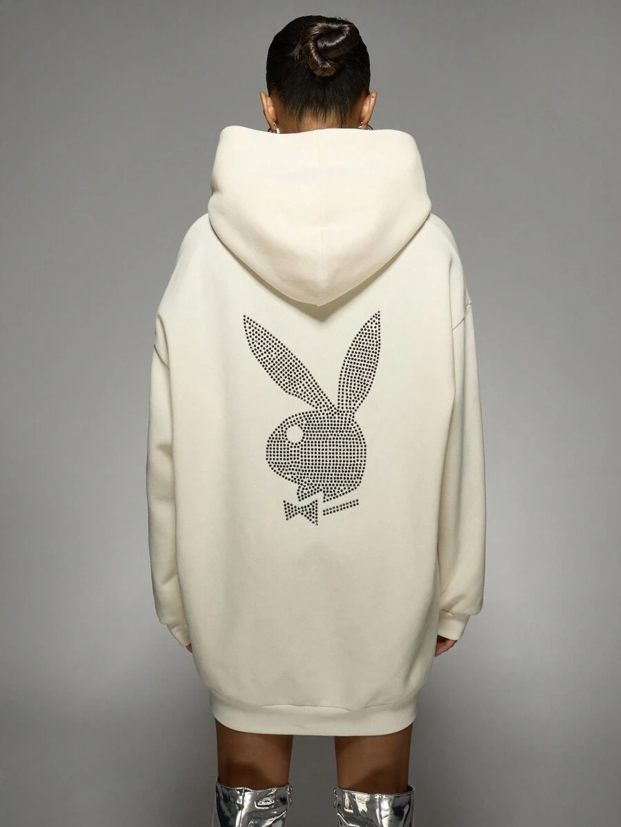 Missguided x Playboy Rhinestone Bunny Logo Hoodie Dress Oversized Streetwear Fall Winter Sweater With Crystal Embellishments Holiday Party Casual Loungewear - White - View 1