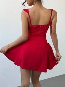 Aloruh 情人节浪漫红色细肩带蝴蝶结紧身鱼尾迷你连衣裙女士派对太阳裙 - 紅色 - 查看 5