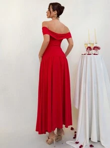 Aloruh Vestido Longo Vermelho Elegante de Ombros de Fora para Mulheres - Vermelho - Visão 2