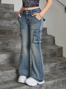 SHEIN Jeans acampanados de carga de unicolor estilo retro Y2K para adolescentes, estilo callejero de otoño para volver a la escuela para niñas - Azul lavado medio - Ver 5