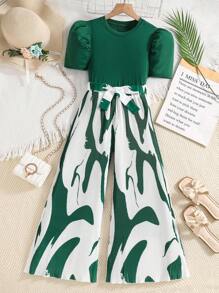 Tween Girls Short Sleeve T-Shirt & Pleated Pants Set - Dark Green - View 1