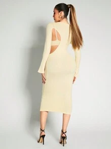 Zolique Vestido de suéter largo de unicolor, de cuello redondo, de manga larga, con diseño calado y ajustado simple para mujeres - Albaricoque - Ver 2
