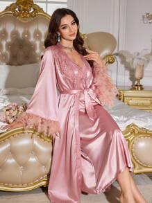 毛茸茸蕾丝拼布仿丝吊带睡袍和睡袍套装