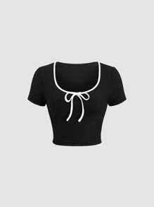 Sweetra Women's Round Neck Color Block Bowknot T-Shirt Set, Black And Pink