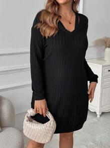 SHEIN CURVE+ Plus Size Women's Solid Color Simple Knitting Sweater Dress, For Autumn/Winter