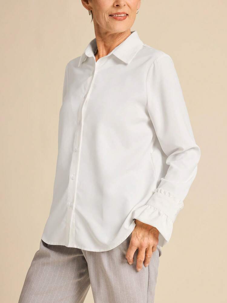 Spring For Women Valentine's Day Office Wear Women Women's Solid Color Front Button Long Sleeve Casual Top, For Everyday Wear