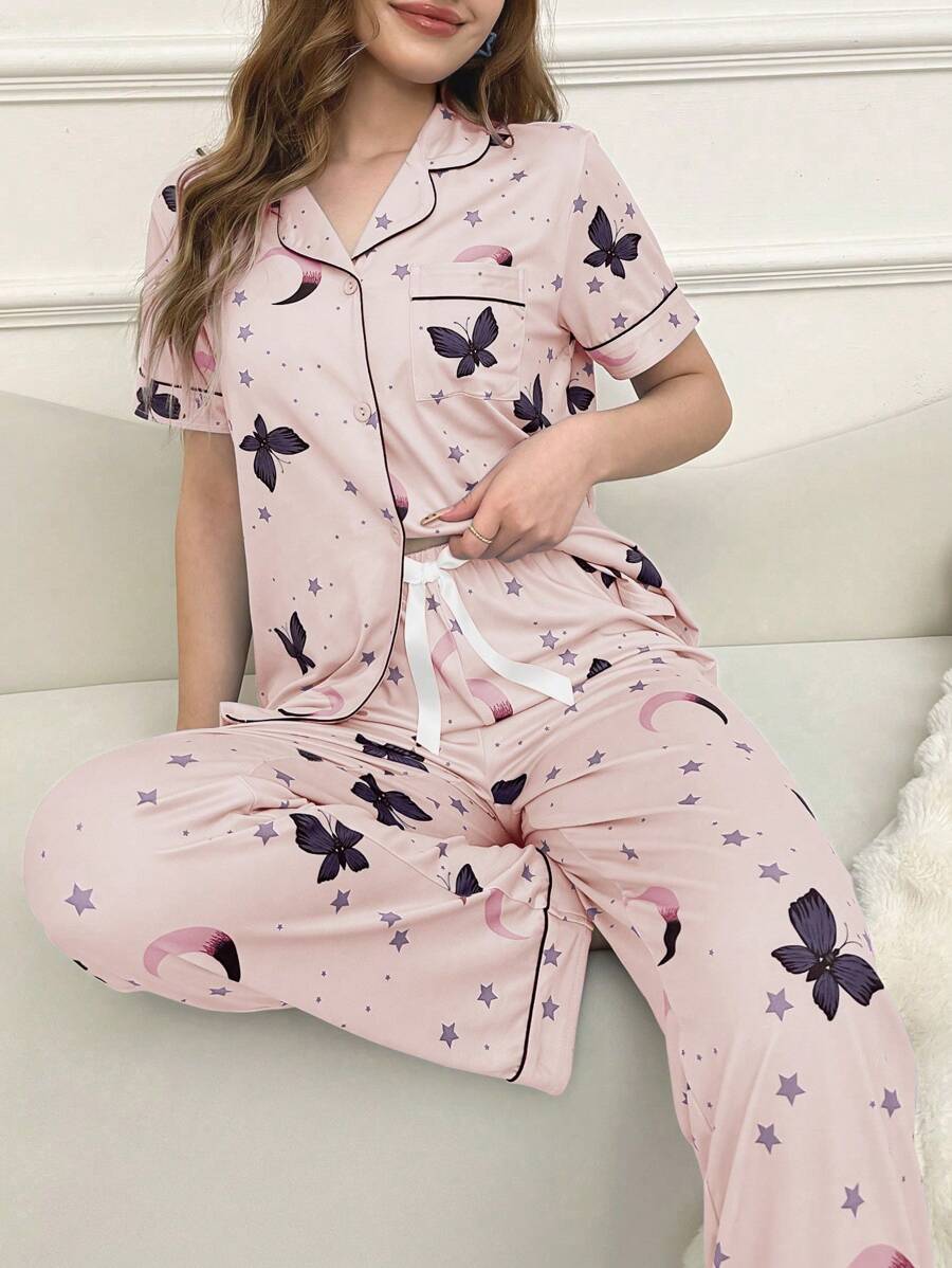 Star & Moon Butterfly Print Lapel Collar Women Pajama Set - Lilac Purple - View 1