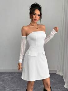 Chiquease Women Off Shoulder Long Sleeve Pocket Casual Mini Dress Fall Cloth For Women - White - View 3