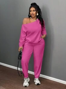 Slaydiva 2pcs Women Plus Size Basic Solid White Fitted Asymmetric Neck Top And Straight Leg Pants, Cross Rib Knit Fabric, Casual & Home Wear, Spring/Autumn