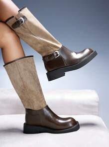 CUCCOO GRLICON 女士过膝靴，Y2K 风格，朋克摇滚，机车风，酷女孩，适合万圣节、圣诞节、派对场合 - 杏色 - 查看 2