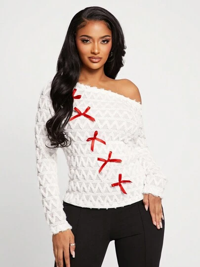 SHEIN SXY Women's Asymmetrical Neck Bow Decor Long Sleeve T-Shirt