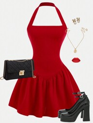 Girlism Teen Girls Red Knitted Spaghetti Strap Tight-Waisted A-Line Mini Dress, Valentine's Day Party Club Outfit