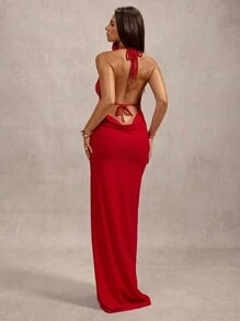 SHEIN BAE Einfarbiges, sexy, elegantes, rückenfrei ausgeschnittenes, tailliertes Bodycon-Kleid mit V-Ausschnitt, geeignet für Herbst/Winter, Valentinstag, Party, romantisches Date, Brautjungfer, Abiball, Büro, rotes Kleid, Geburtstag, Prinzessinnenkleid