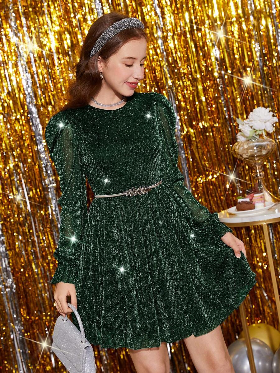 圆领针织闪亮圆领荷叶边袖连衣裙，适合少女 - 綠色 - 查看 1