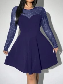 Viva Relle Plus Size Fashionable Rhinestone Mesh Patchwork Dress