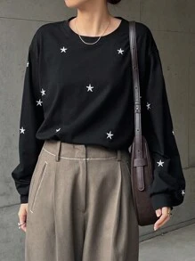 FRIFUL Camiseta de manga larga con cuello redondo y hombros caídos con estampado de estrella para mujer, otoño