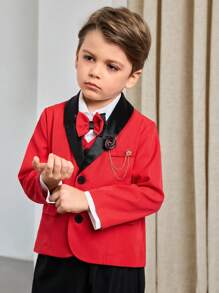 Young Boy Color Blocking Casual Gentleman Style Outfit - Shirt And Pants Set - Red - View 4