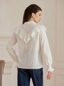 Aveloria Rosie Elegant Embroidery Floral Ruffle Cuff Drawstring Collar Bow Front Blouse For Women Fall Cloth For Women - White - View 5